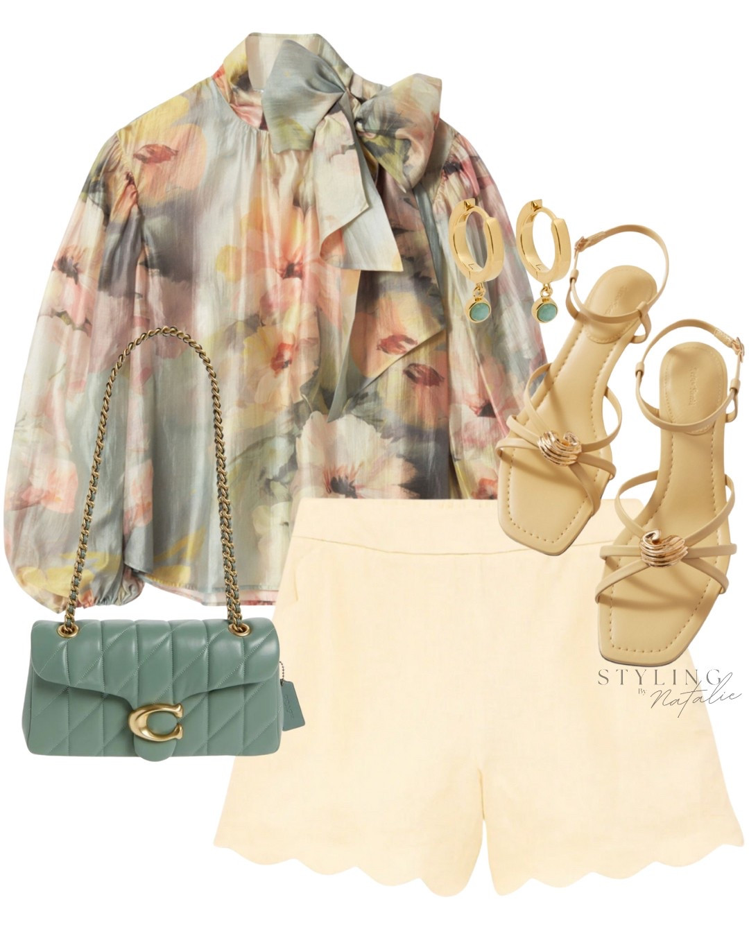 Summer evening wear- Puff sleeve bow detail floral blouse, butter yellow shorts with scallop hem, yellow kitten heel sandals & Coach bag. & other stories, date night outfit, bank holiday outfit, summer outfit.

#LTKpartywear #LTKsummer #LTKAroundTheWorld