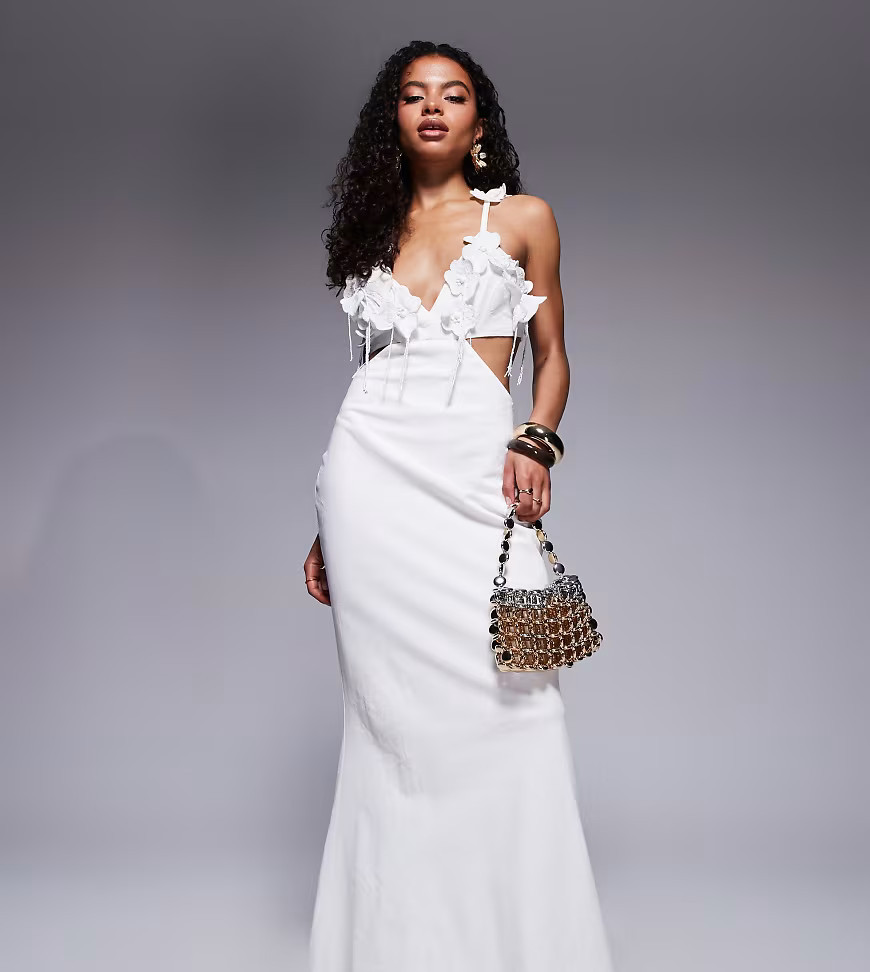 ASOS DESIGN Petite crochet embellished bust cut-out maxi dress in linen in ivory-White | ASOS (Global)
