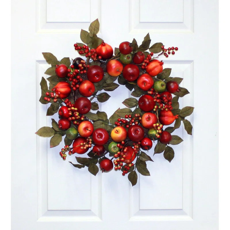 24" Mixed Apple Pomegranate & Leaf Wreath on Natural Twig Base | Wayfair North America