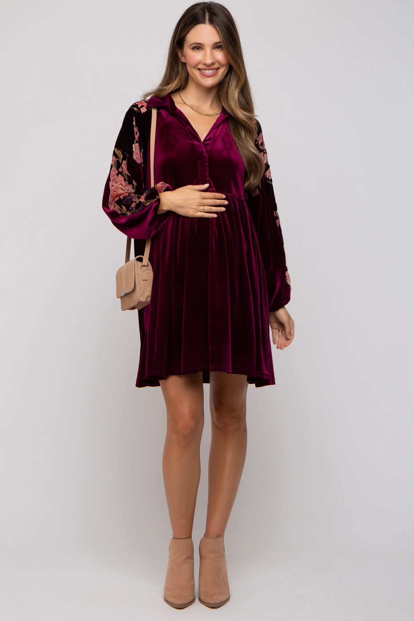 Plum Velvet Floral Long Sleeve Maternity Dress | PinkBlush Maternity