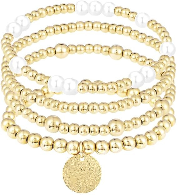 Gold Bracelets for Women, 14K Gold Plated Beaded Bracelets Gold Stretch Bead Ball Bracelet stack ... | Amazon (US)