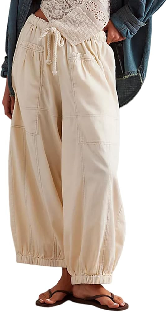 Hooever Women's Wide Leg Jeans Baggy Boyfriend Elastic Hem Denim Pants with Drawstring Waist | Amazon (US)