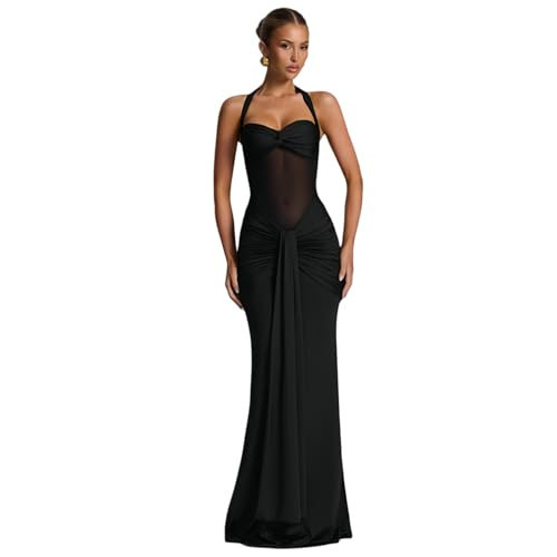 JUMISEE Women’s Sexy Halter Twist Knot Maxi Dress Draped Ribbon Ruched Cocktail Dress Sheer Mesh Bodycon Formal Dresses Black | Amazon (US)