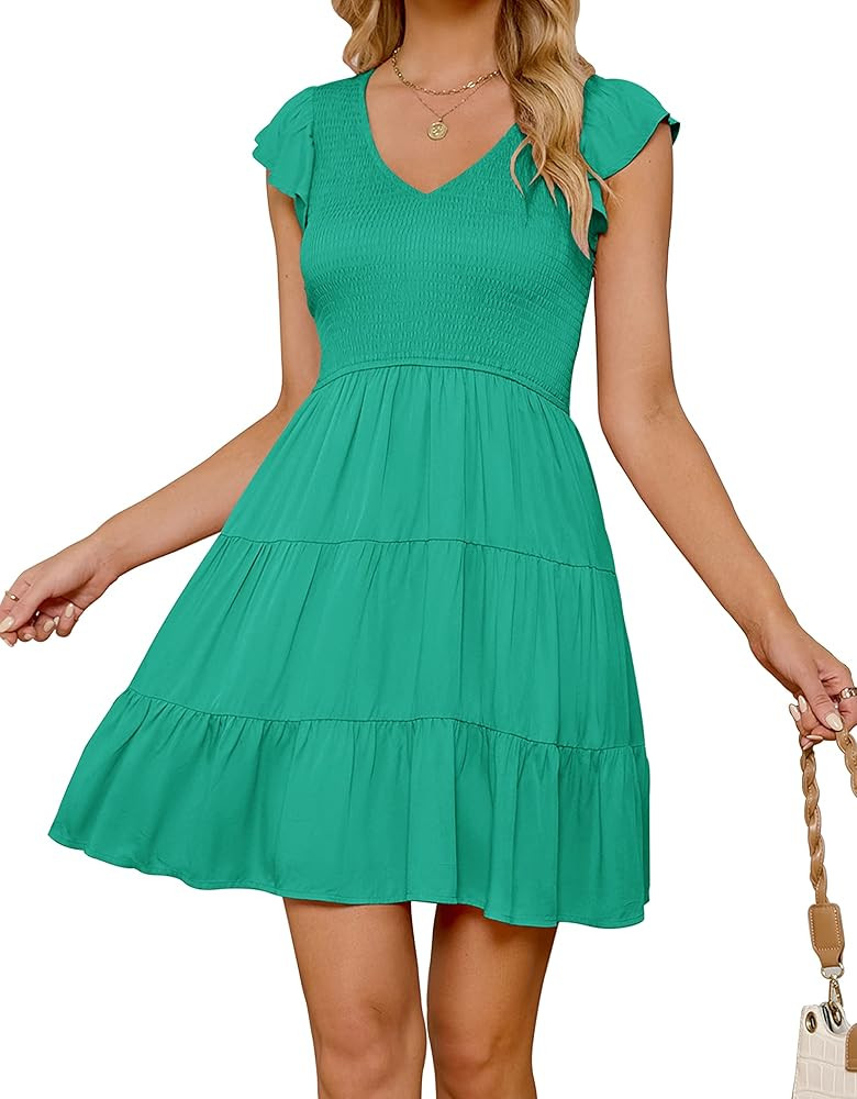 ZESICA Womens 2023 Summer Casual V Neck Flutter Sleeve Bohemian Ruffle Smocked A Line Swing Mini ... | Amazon (US)