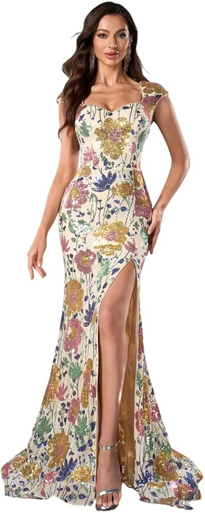 Women's Floral Sequin Mermaid Maxi Dress Elegant Evening Prom Gowns with Slit | Amazon (US)