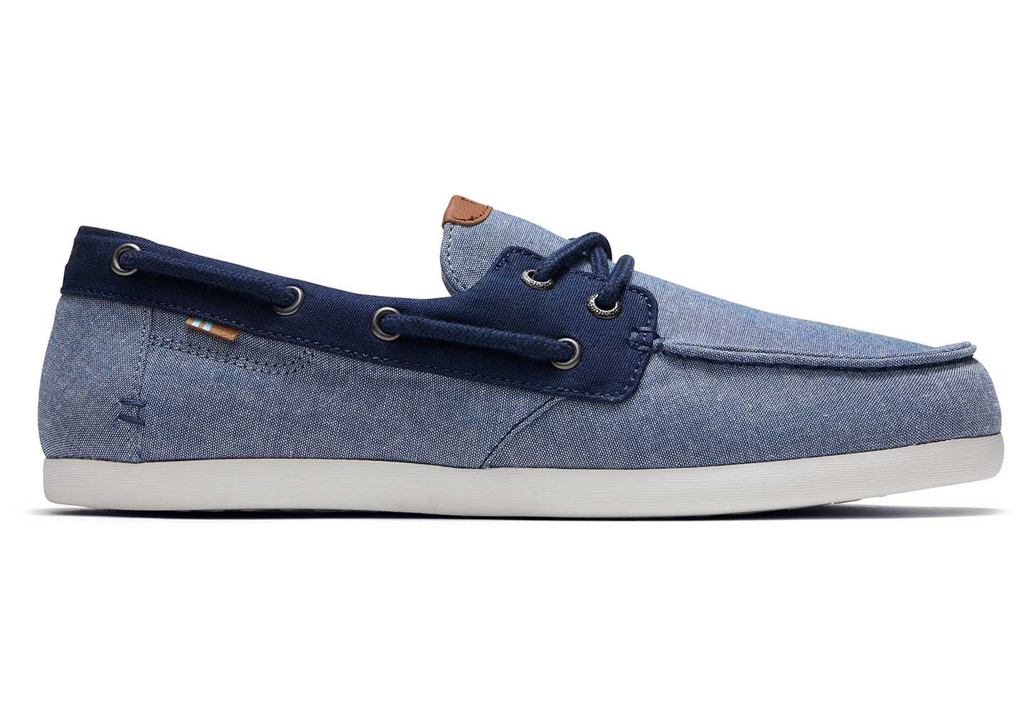 TOMS Men's Navy Blue Chambray Claremont Boat Shoe Slip-On Shoes | TOMS (US)