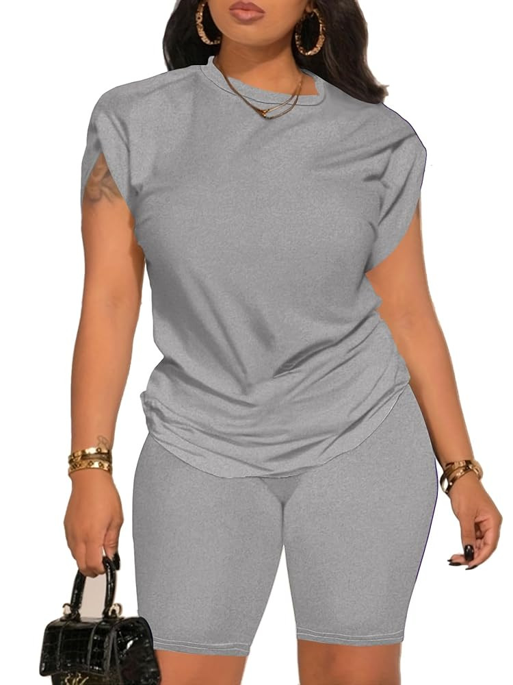 PINSV Women 2 Piece Outfits Summer Sweatsuits Biker Short Workout Jogger Sets | Amazon (US)