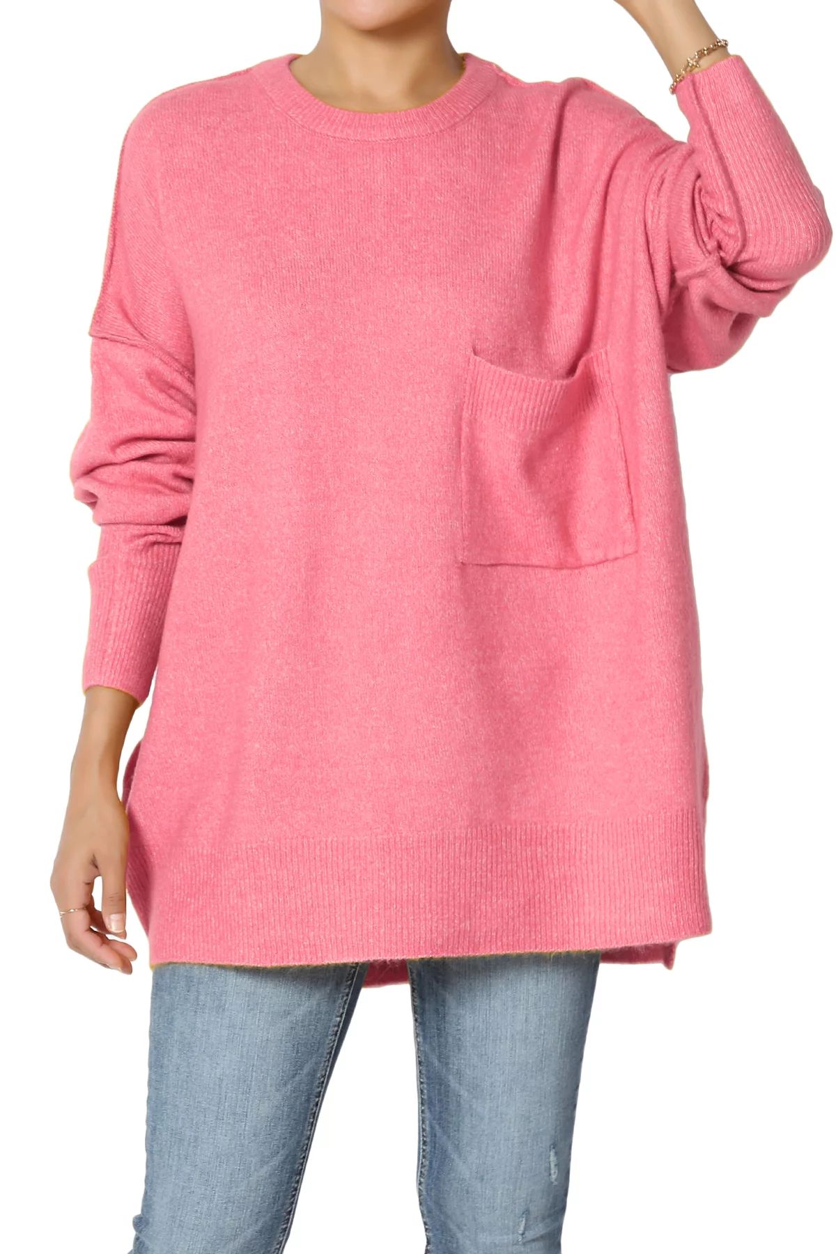 TheMogan Women's Xs~3X Loose Chest Pocket Long Sleeve Melange Knit Pullover Sweater - Walmart.com | Walmart (US)