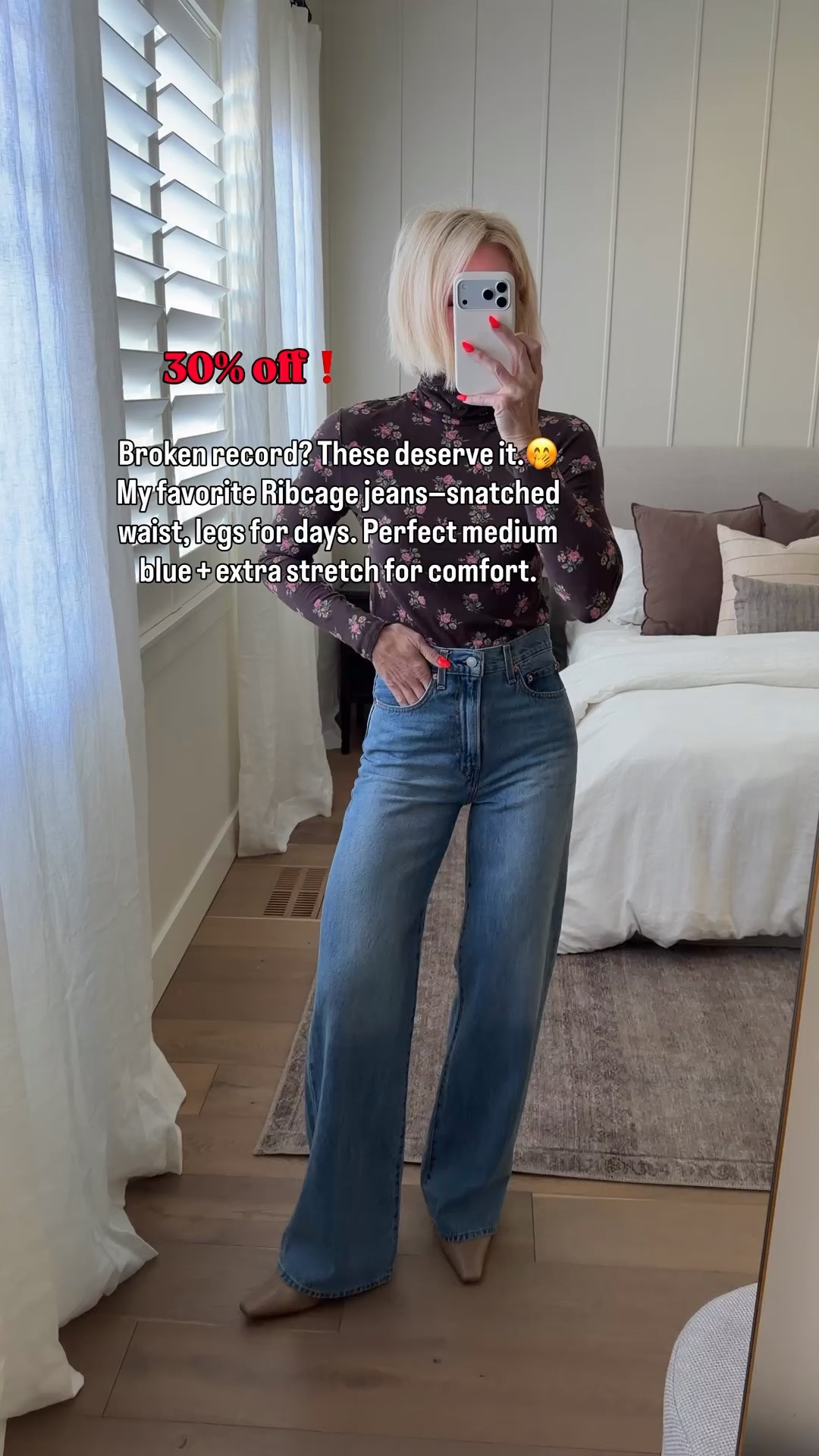 30% offsite wide sale on my favorite jeans! 
Wearing color, not the same, and they fit true to size.
Loving this new lightweight floral turtleneck and new kitten heel boots. and the perfect neutral. Both fit tts