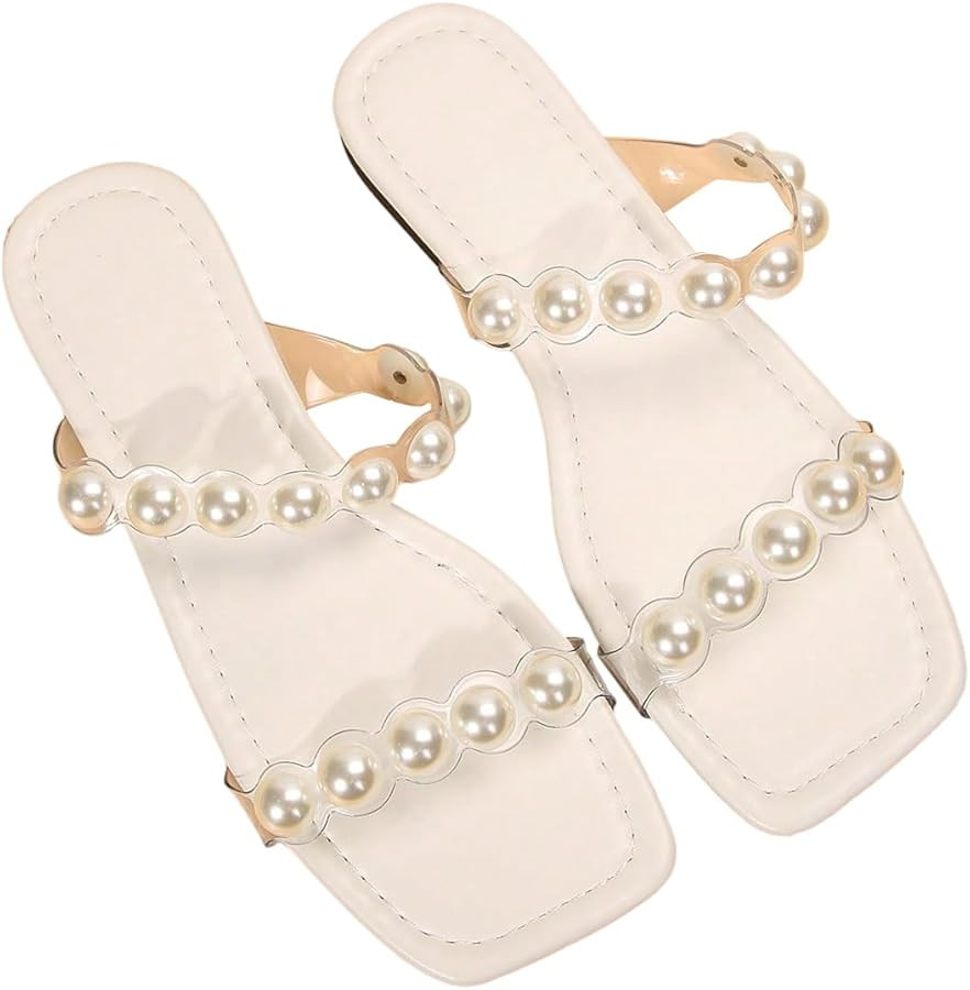 GORGLITTER Women's Pearl Clear Sandals Two Strap Summer Open Toe Slides Sandals | Amazon (US)