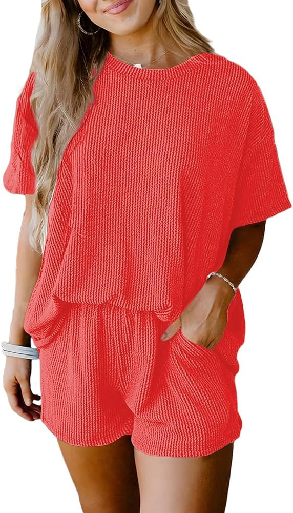 SHEWIN Two 2 Piece Sets for Women Short Sleeve Shirts High Waisted Shorts with Pockets Pajamas Lo... | Amazon (US)