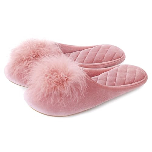 Evshine Fuzzy Feather Slippers for Women Fluffy Pom Pom Bedroom Slippers Memory Foam House Shoes, Pink 42 (Size 11) | Amazon (US)