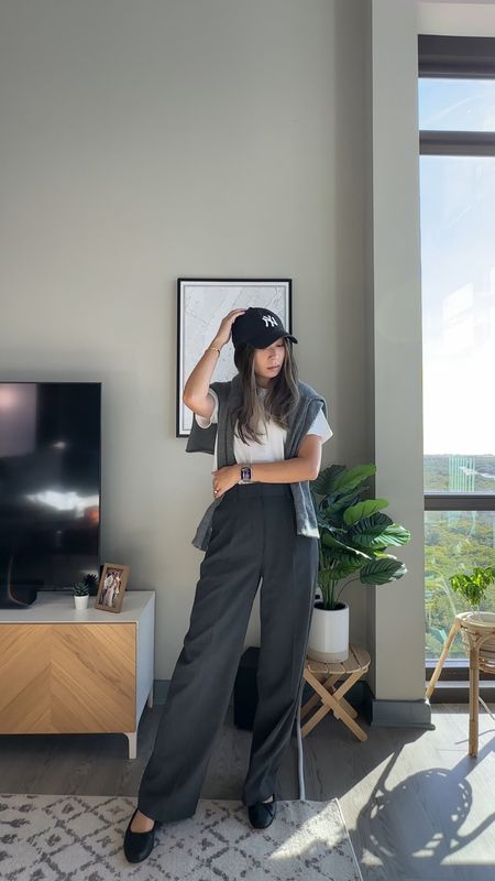 Casual chic outfit idea // yankee hat, gray cashmere sweater, white t shirt, gray tailored trousers, black ballet flats // everyday style, French style, Parisian chic,  winter outfit, fall outfit

#LTKfindsunder100 #LTKfindsunder50 #LTKstyletip