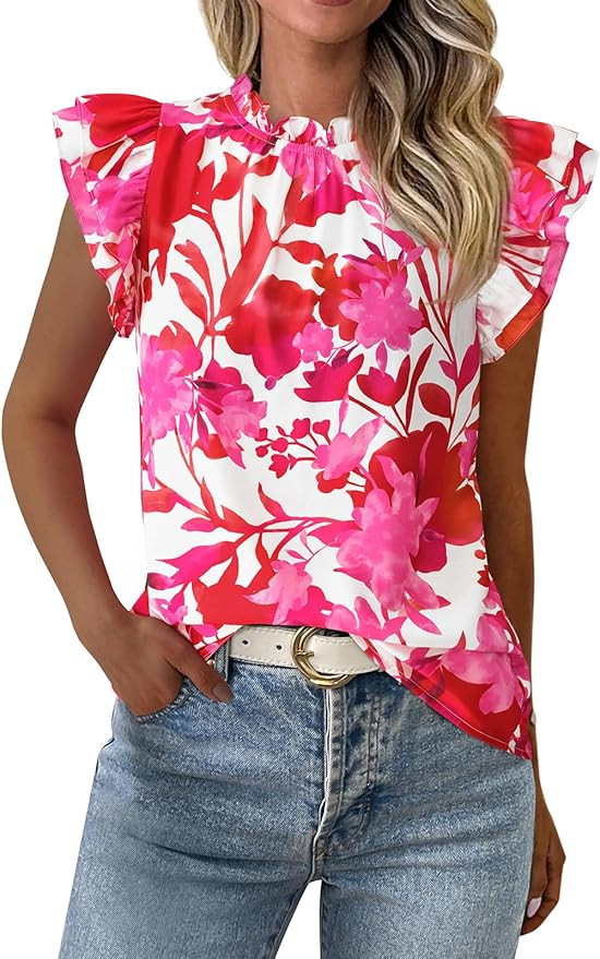PRETTYGARDEN Women's Ruffle Short Sleeve Summer Tops 2025 Trendy Floral Trim Neck Casual Dressy C... | Amazon (US)