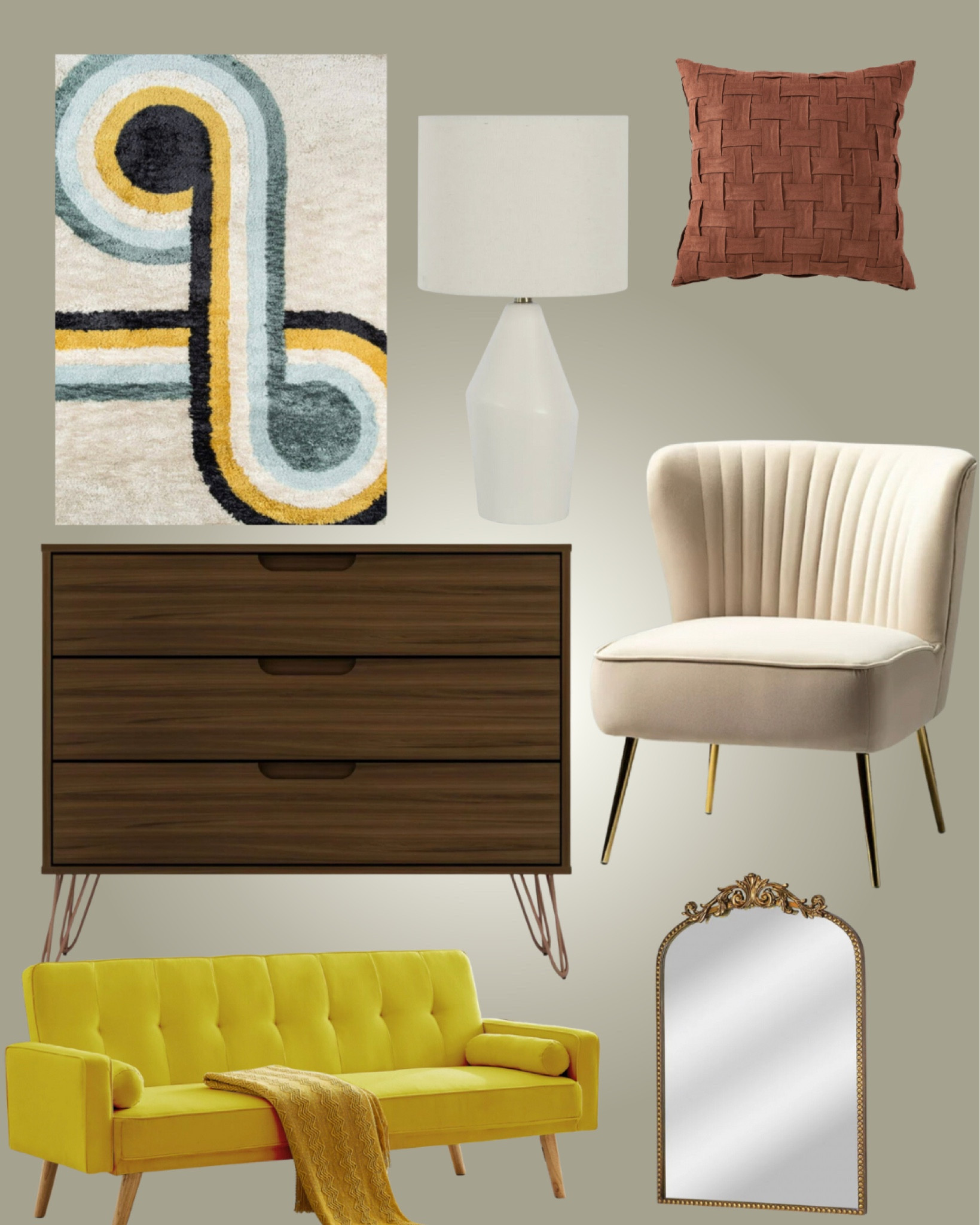 Fall Decor, home decor, living room inspo

Mainstays, Rust Textured Decorative Throw Pillow, Rust, 18" x 18", Square, 1 Pack

uhomepro Fabric Covered Futon Sofa Bed with 2 Bolster Pillows, Adjustable Backrest, Convertible Sofa and Couch for Living Room, Yellow

Novogratz Bullseye Blue Rug, BLUE

Better Homes & Gardens 20" x 30" Arch Metal Wall Mirror Décor in Gold

Rockefeller Mid-Century- Modern Dresser with 3- Drawers in Brown

14 Karat Home Velvet Accent Chair Upholstered Transitional Armless Side Chairs Gold Leg Bedroom Living Room Tan

Home Decor Collection Table Lamp, White Ceramic

  