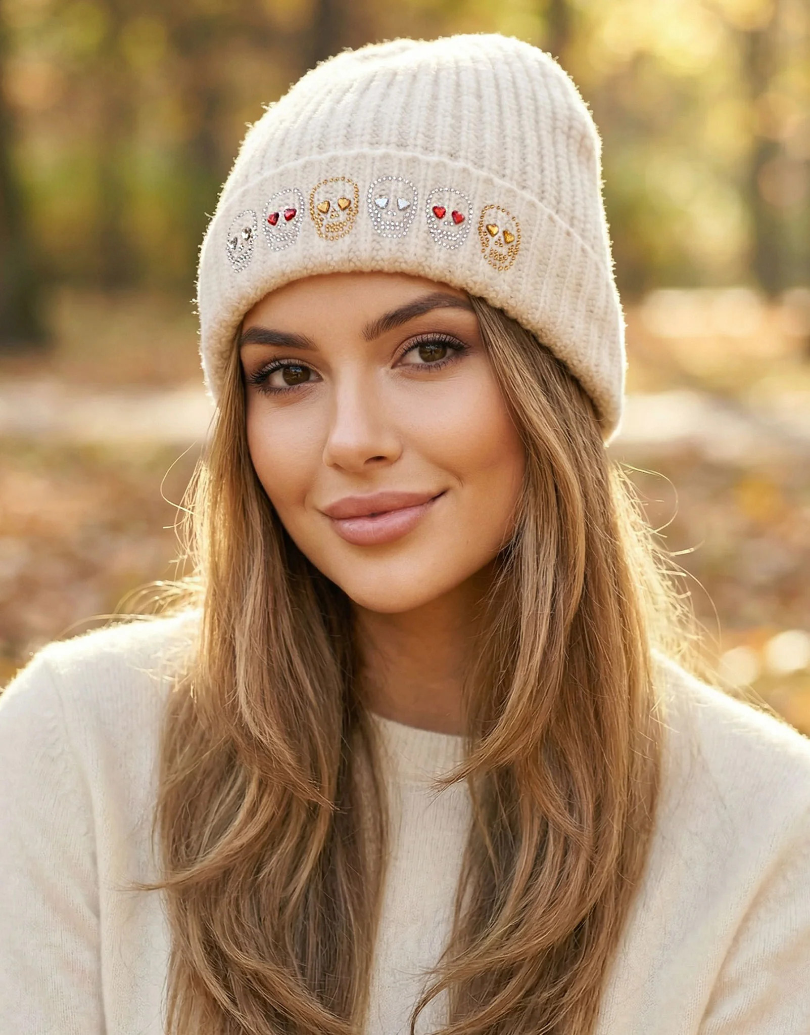 Stud Heart Eye Skulls Cashmere Beanie in Ivory | Blix by Lauren Moshi | Lauren Moshi