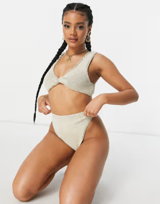 ASOS DESIGN mix and match crinkle twist detail crop top in natural tones | ASOS (Global)