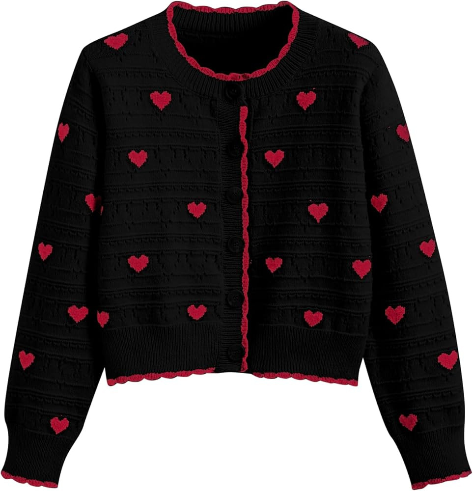CIDER Women's Cardigan Crew Neck Heart Print Color Block Button Down Crop Top Long Sleeve Cute Ca... | Amazon (US)