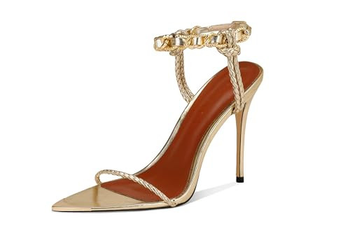 Ouwilov Elegant Womens High Heel Sandals Gold Chain Ankle Strap Open Toe Stiletto Heels Glamorous Evening Wear Fashionable Summer Shoes Luxurious Wedding Guest Footwear | Amazon (US)