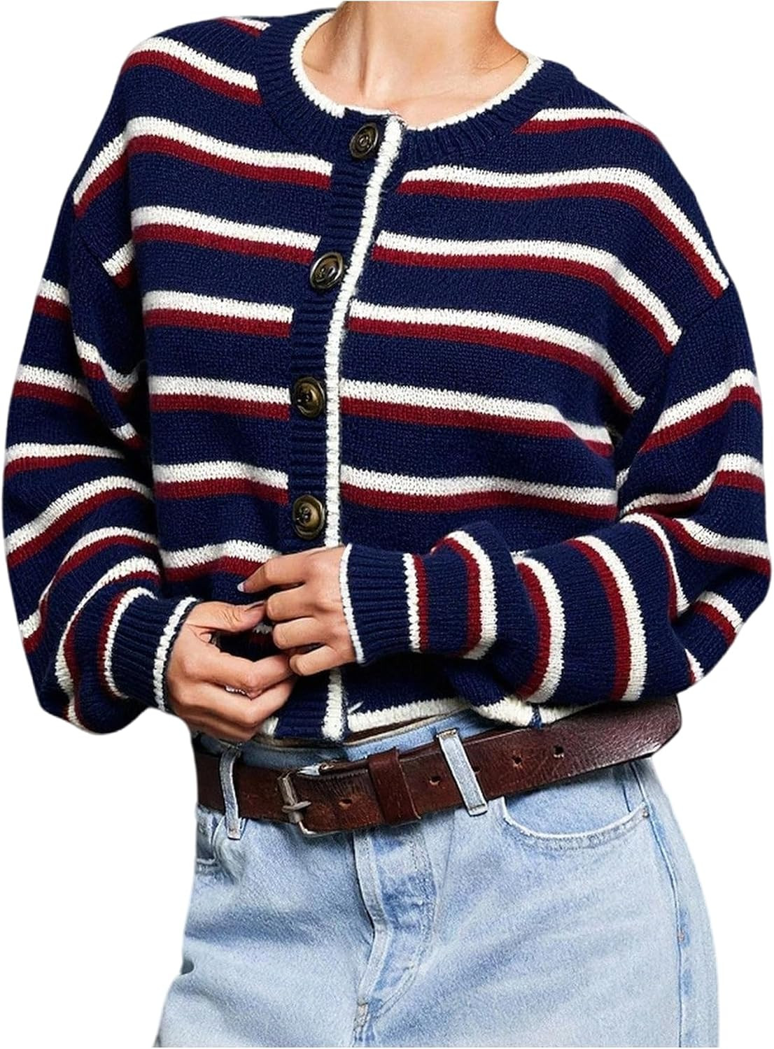 GORGLITTER Women's Striped Cardigan Y2k Cropped Button Up Sweater | Amazon (US)