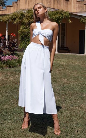 Sula Two Piece Set - One Shoulder Bralette Crop Top and Midi Skirt Set in White | Showpo (US, UK & Europe)