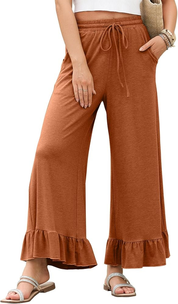 EVALESS Womens Wide Leg Pants Drawstring Elastic High Waisted Ruffle Hem Palazzo Pants with Pocke... | Amazon (US)