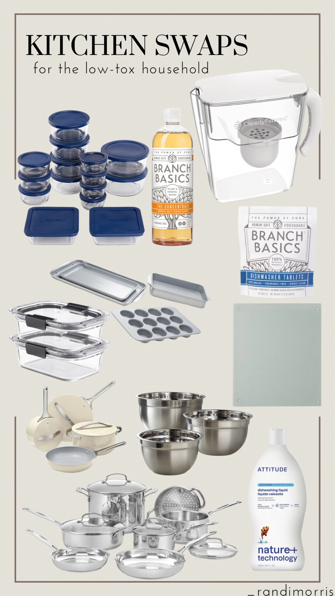 Non-toxic kitchen swaps for the low toxic family ,, glass cutting board ,, non-toxic cleaner ,, stainless steel pots & pans ,, glass food containers ,, filtered water pitcher ,, stainless steel bowls ,, clean dishwasher tablets ,, skin friendly dish soap 

#LTKHome