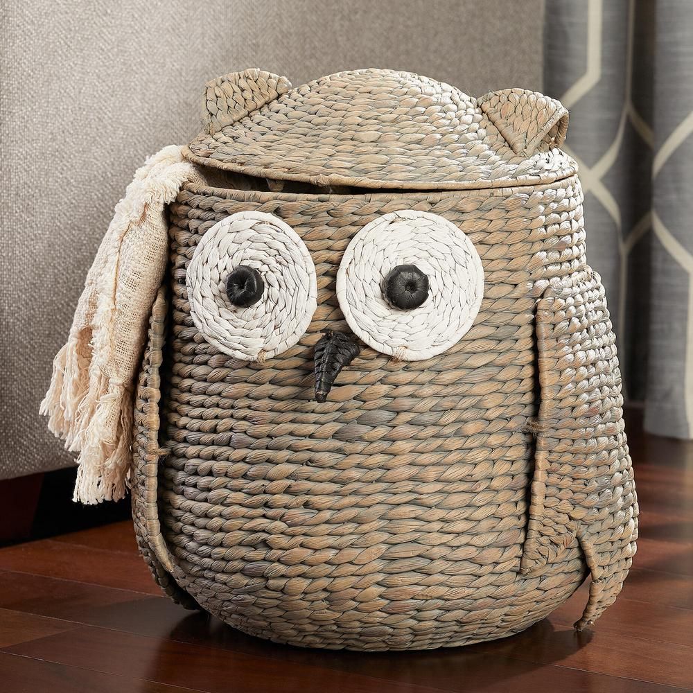 StyleWell Grey and Brown Owl Water Hyacinth Woven Decorative Basket with Lid-BA1811226-GRY1 - The... | The Home Depot