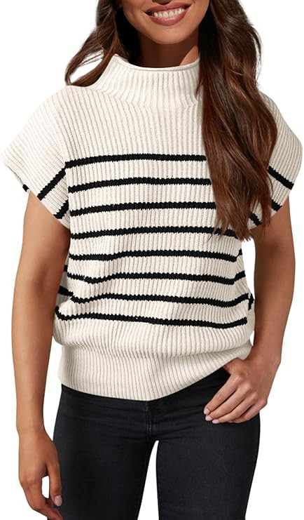 Saodimallsu Womens Striped Mock Neck Sweater Vest Casual Sleeveless Cap Sleeve Ribbed Knit Pullov... | Amazon (US)