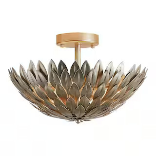 Parrot Uncle 15.75 in. 3-Light Antique Gold Semi-Flush Mount Ceiling Light with Layers of Leaves ... | The Home Depot