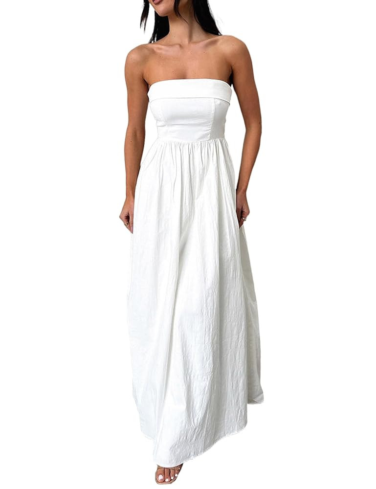 Women Summer Strapless Maxi Tube Dress 2024 Trendy Solid Pleated Flowy Dress Wedding Guest Maxi D... | Amazon (US)