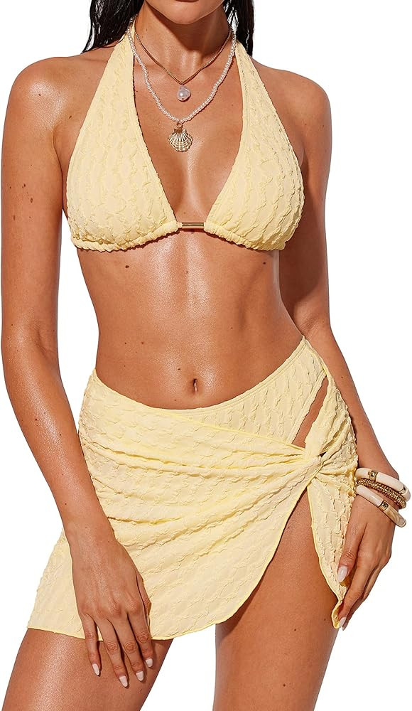 SUUKSESS Women Sexy Textured Bikini Sets High Waisted 3 Piece Swimsuit with Skirt | Amazon (US)