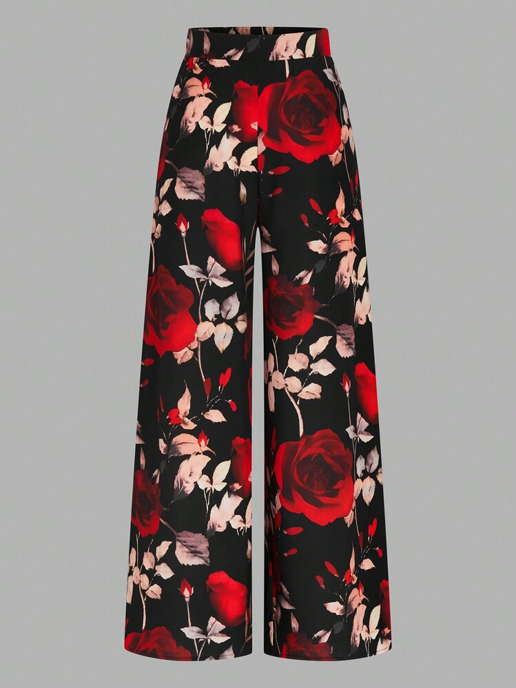 Plus Size High Waist Floral Print Casual Pants, Minimalist Style For Everyday Wear Valentine Spring For Women Valentine's Day Simple Cute Festival Women's Elegant Palazzo Pants For Ladies | SHEIN