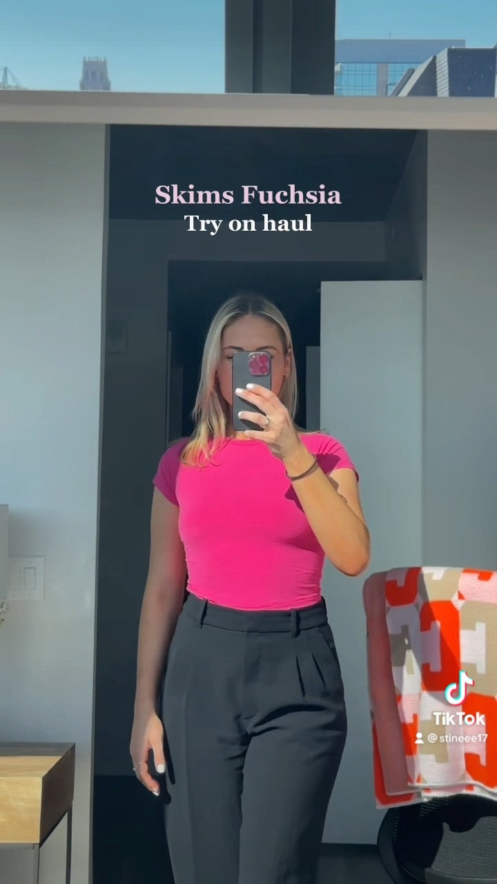 Skims fuchsia collection 
Short sleeve - size M 
Long sleeve- size S 

Pants are Aritzia effortless in size 6 (order 1 size up) 

First top is from skims as well 

#LTKfit #LTKSeasonal #LTKbeauty
