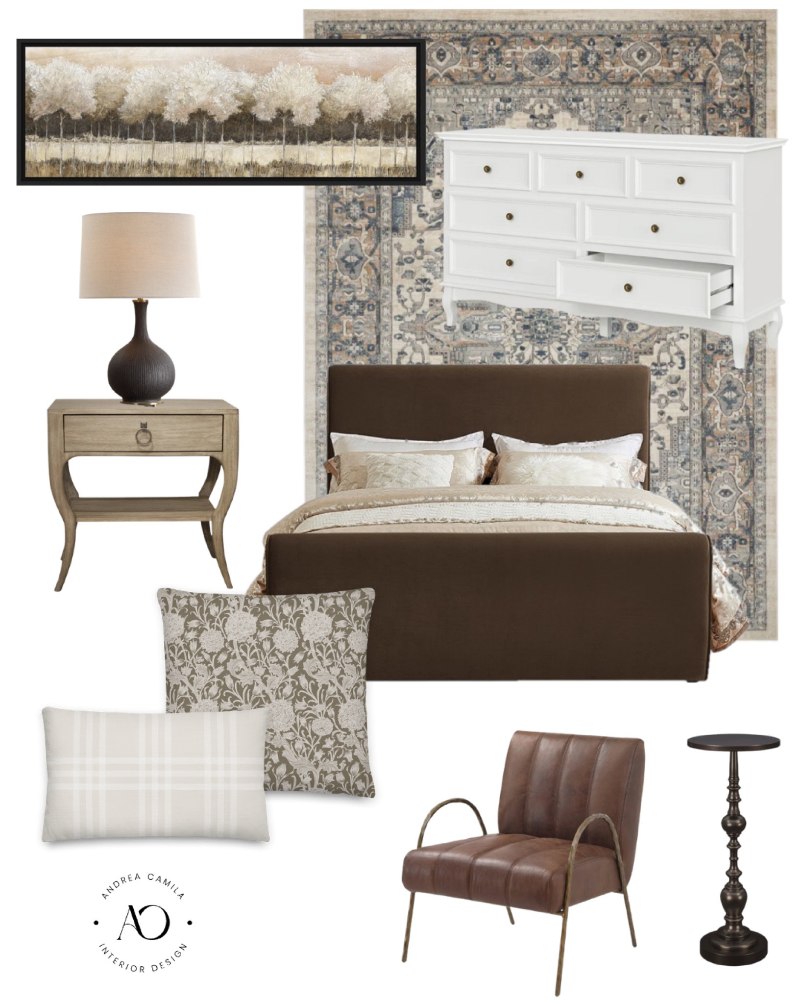 Vintage inspired bedroom. Brown pillow covers. Vintage floral pillow. Beige plaid pillow cover. Beige gray area rug. Antique table lamp. Pedestal wooden round end table. Genuine leather accent chair. 7 drawer dresser. Drawer nightstand. Brown velvet upholstered platform bed frame. Neutral wall art  

#LTKfindsunder50 #LTKsalealert #LTKhome
