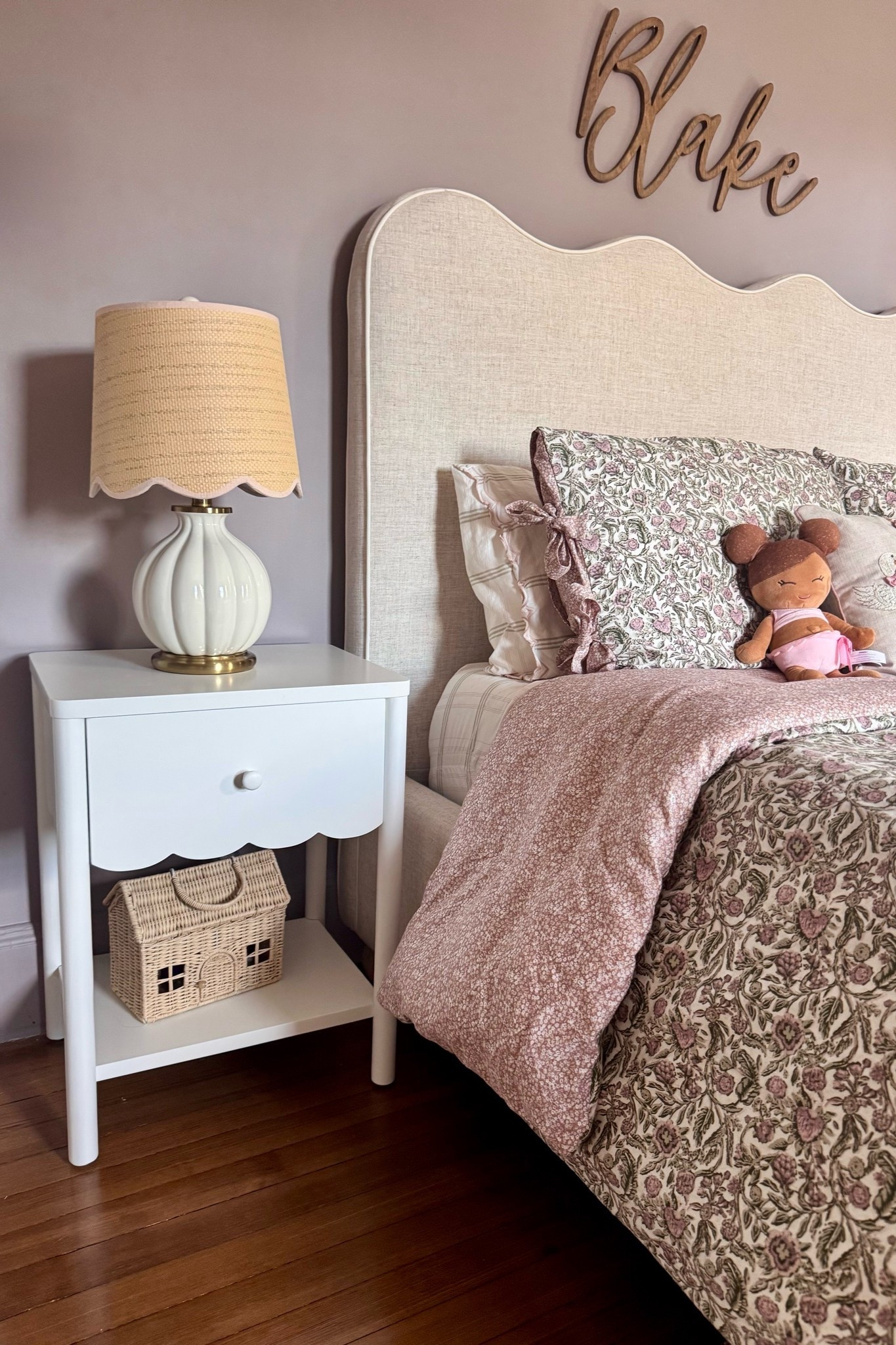 Little girls bedroom decor is my favorite to curate. This scalloped nightstand goes great with this kids bed and adds to the cozy cottage vibe. It could also work for a cottagecore teenage girl room design or even a girls nursery! #cottagecore #girlsroom #whitenightstand #scalloped #walmart 

 #LTKHome #LTKSaleAlert #LTKKids