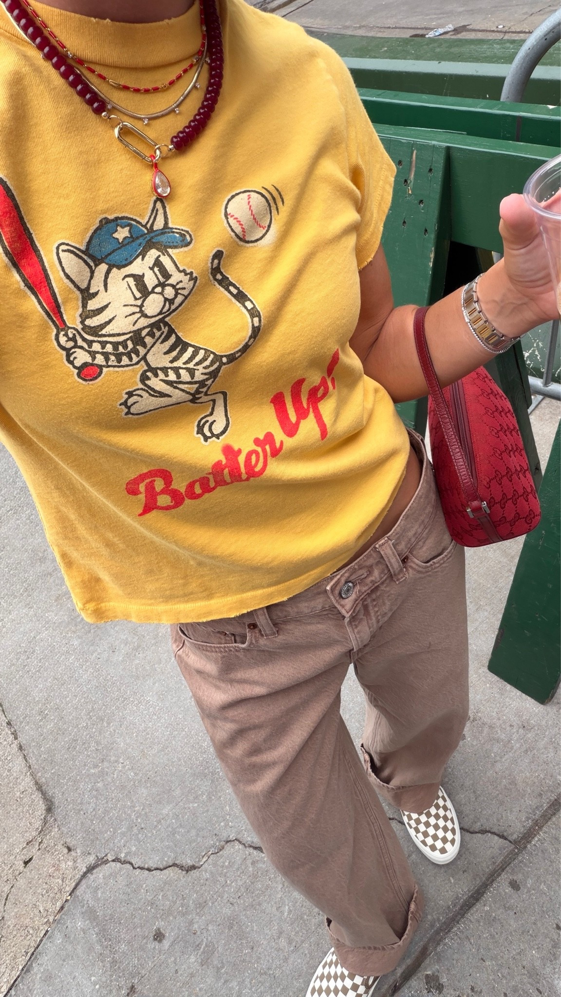 Wore to baseball game! Small tee, 24 short jeans. Bag is vintage