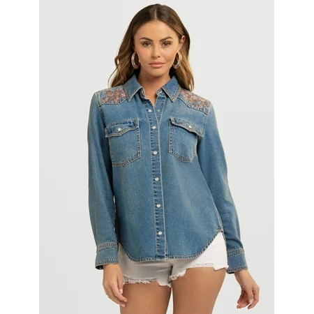 Jessica Simpson Women's Relaxed Denim Shirt with Long Sleeves, Sizes XS-XL | Walmart (US)