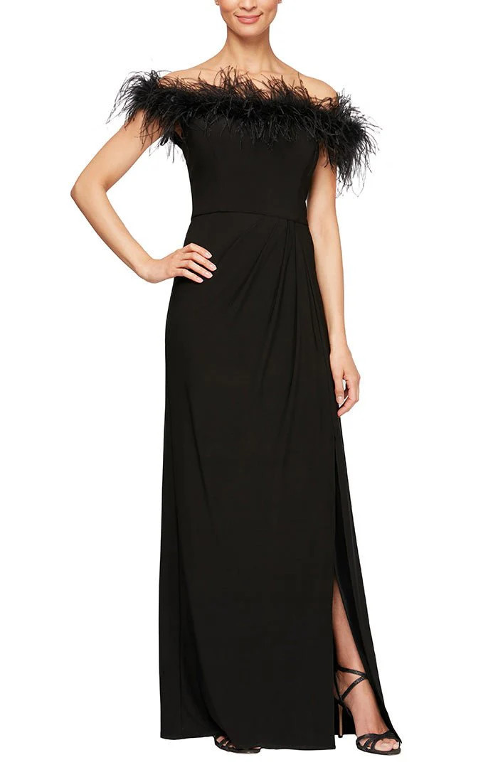 Long Off-the-Shoulder Jersey Gown with Front Slit &amp; Maribou Detail Neckline | Alex Evenings