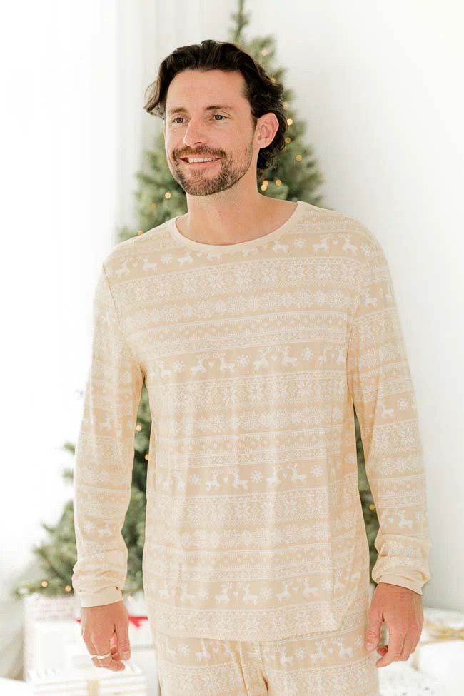 Snowy Days Men Beige and Ivory Fair Isle Pajama Top | Pink Lily