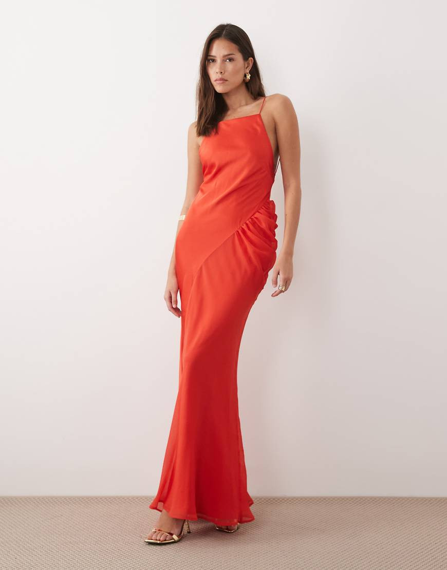 ASOS DESIGN square neck satin chiffon mix maxi dress in coral-Pink | ASOS (Global)