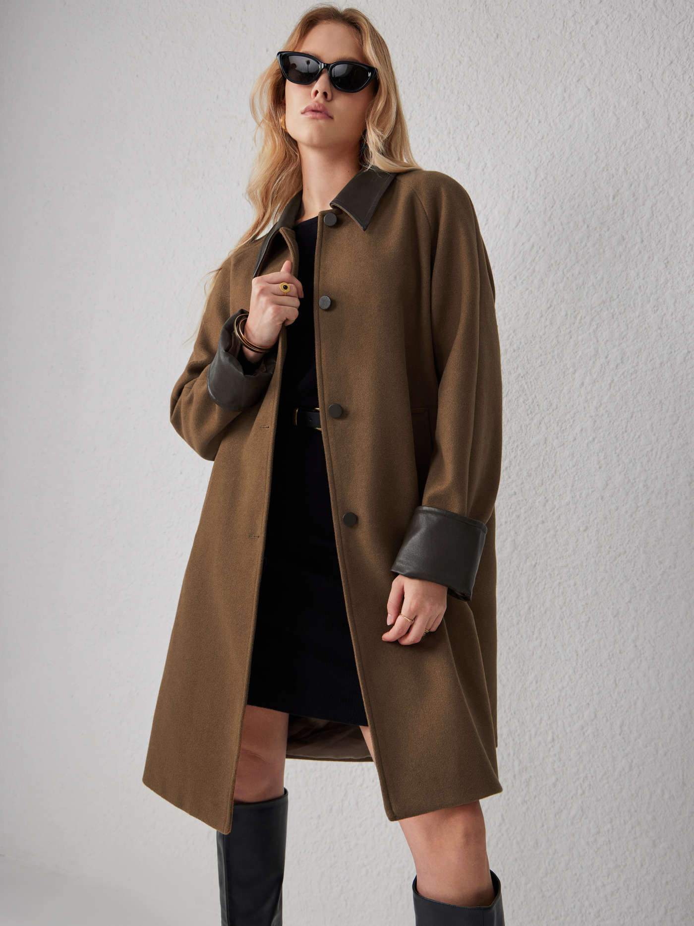 Preppy Countryside Core Faux Leather Contrasting Collar Long Barn Jacket For Daily Casual Work | Cider