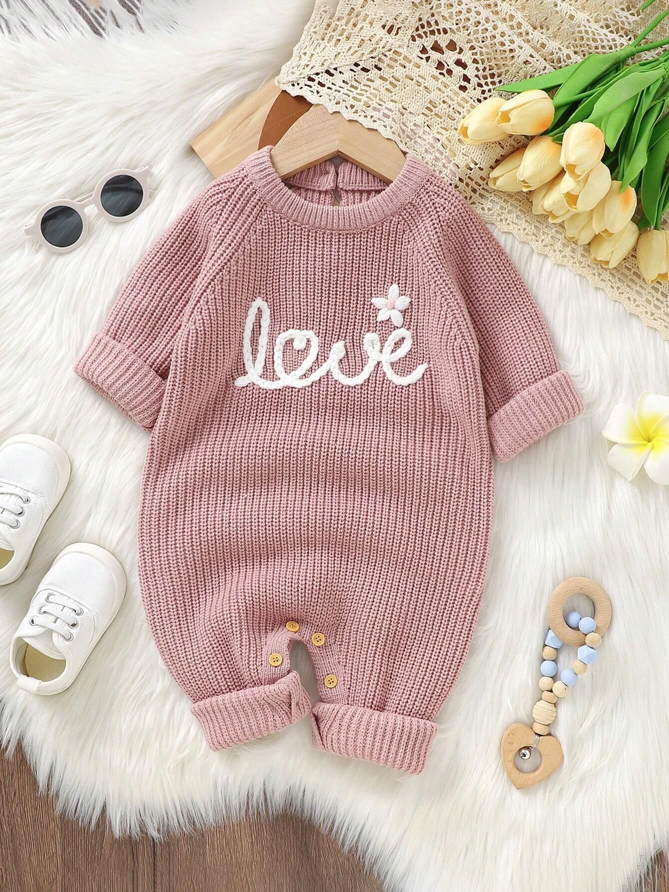 Baby Girl Letter & Floral Pattern Raglan Sleeve Sweater Jumpsuit | SHEIN