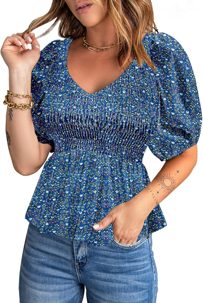 Acelitt Women's Spring Summer Puff Short Sleeve Peplum Top Casual V Neck Smocked Blouses Dressy S... | Amazon (US)