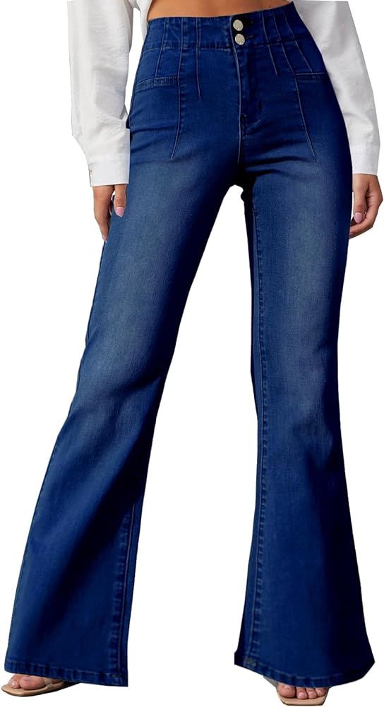 LOLONG Womens High Waisted Flare Bell Bottom Jeans Bootcut Casual Denim Pants | Amazon (US)