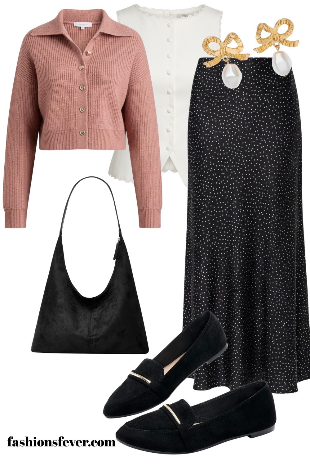 Fall Winter Outfits 2025 For Women! A polished white vest paired with a pink cardigan and black polka dot satin skirt, black suede bag and black loafers, perfect for an elevated casual fall looks.

#ltkfashion #ltkfall
#LTKSeasonal

#LTKstyletip