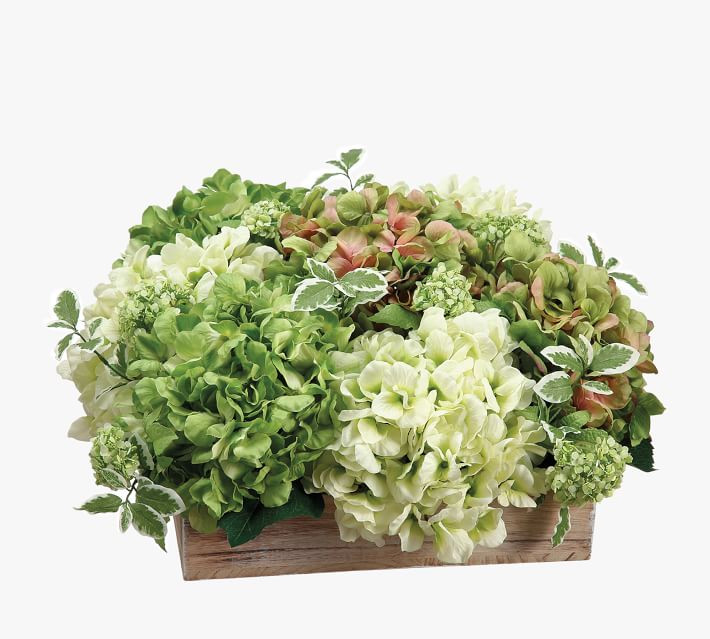 Faux Hydrangea & Snowball Arrangement In Wood Planter | Pottery Barn (US)
