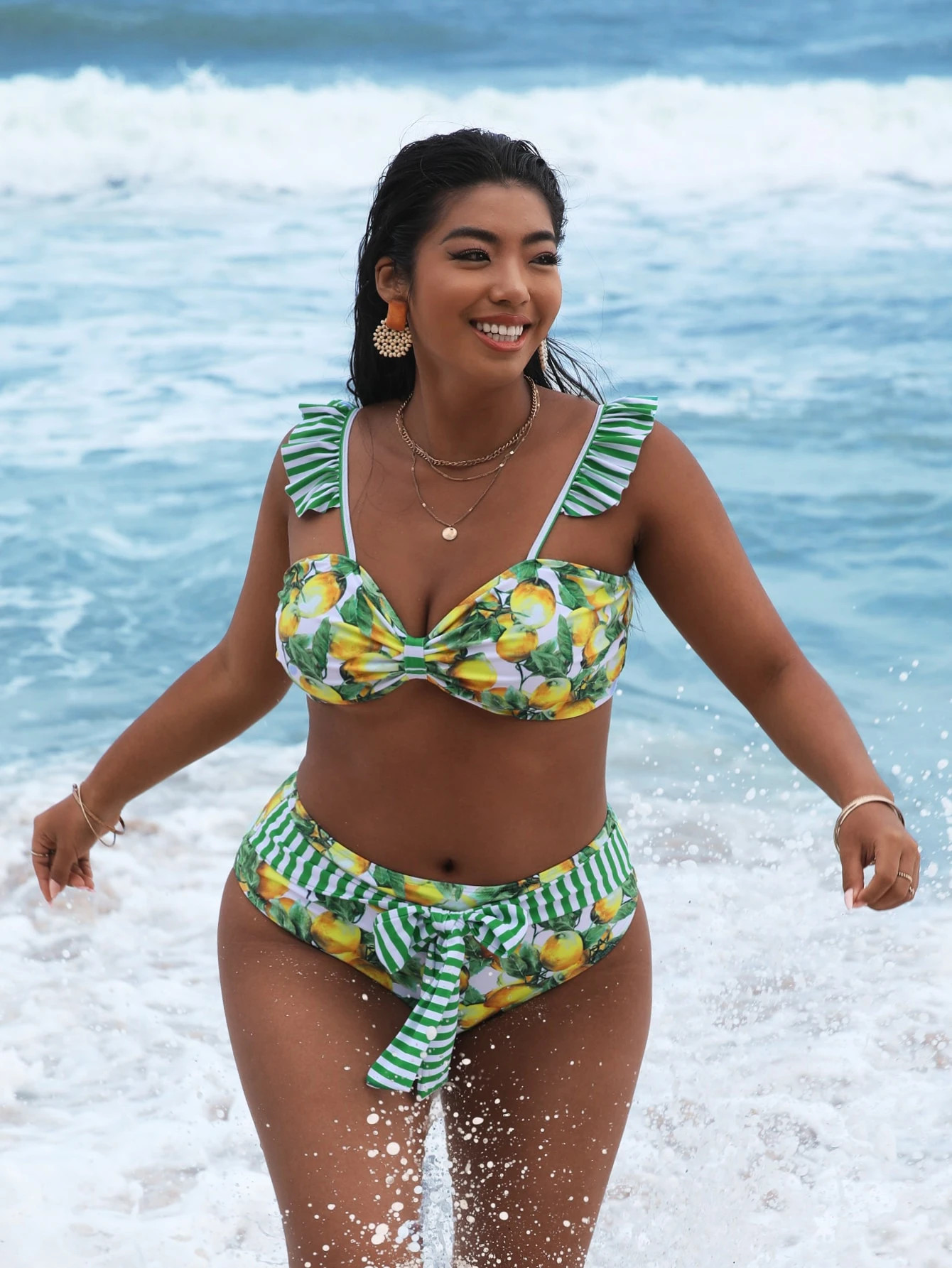 Plus Fruit Print Knot Front Bikini Swimsuit | SHEIN