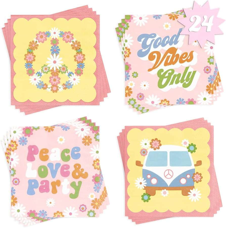 xo, Fetti Groovy Napkins - 3-ply, 24 pcs | Happy Pastel Birthday Party Decorations, 70s Baby Show... | Amazon (US)