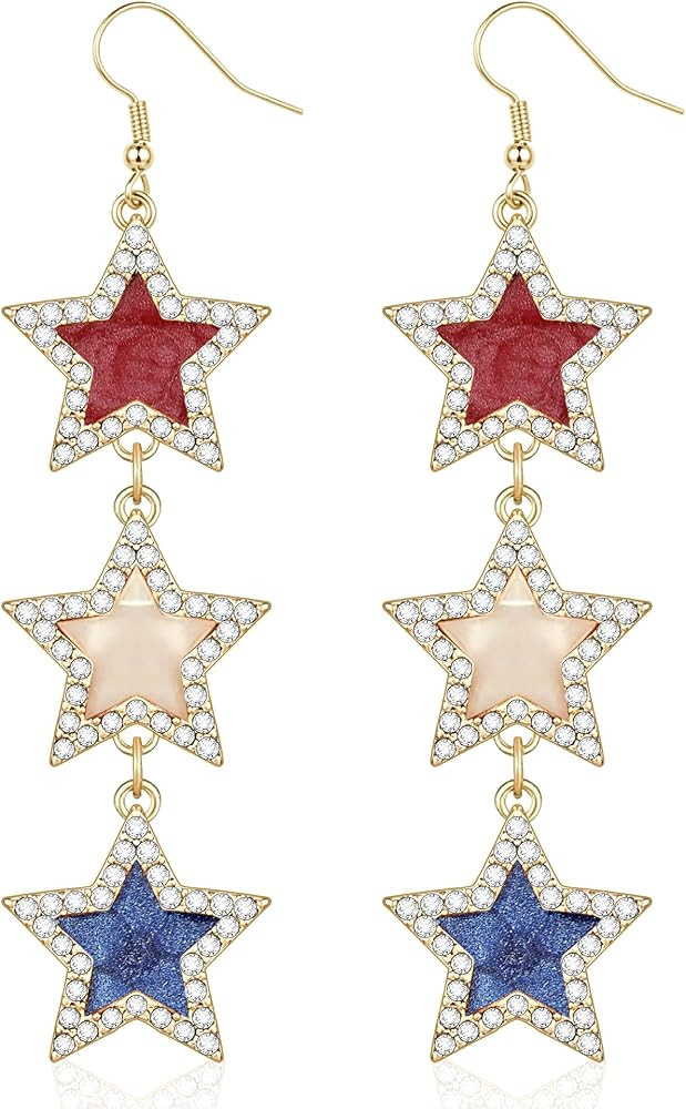 4th of July Outfits for Women Patriotic Triple Star Earrings American Flag Red White Blue Rhinest... | Amazon (US)